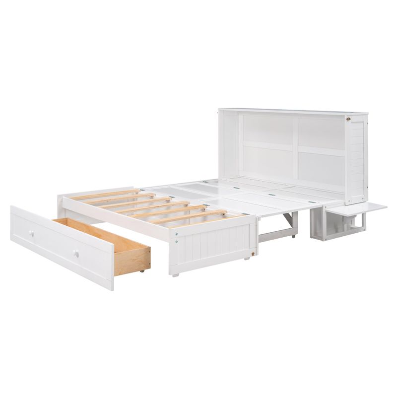 Nestfair White Queen Size Mobile Murphy Bed with Drawer and Shelves - White