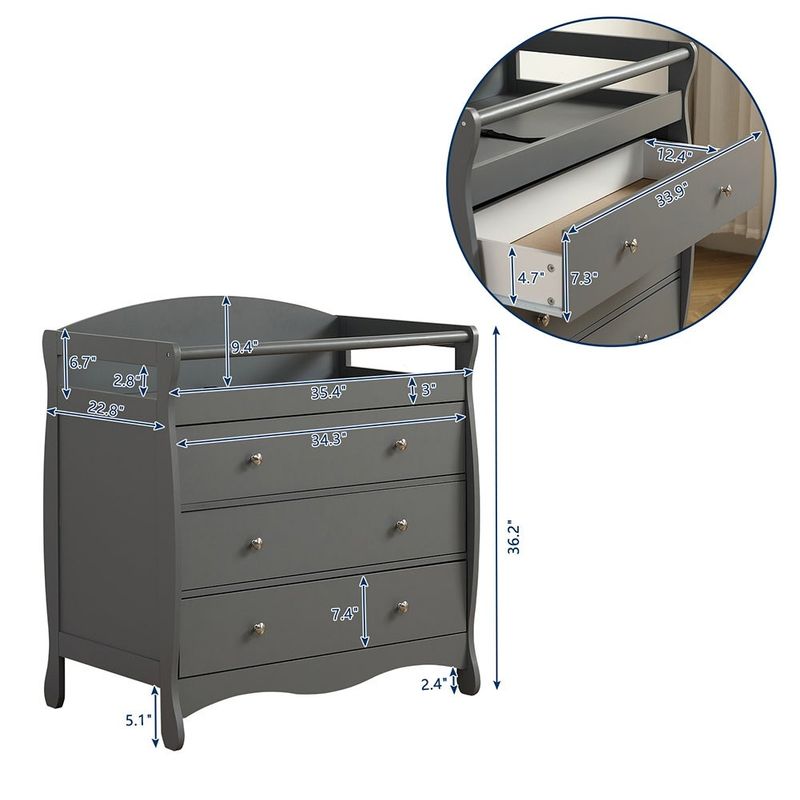 Three Drawers With Seat Belt Baby Wooden Bed, Nursing Table - Grey