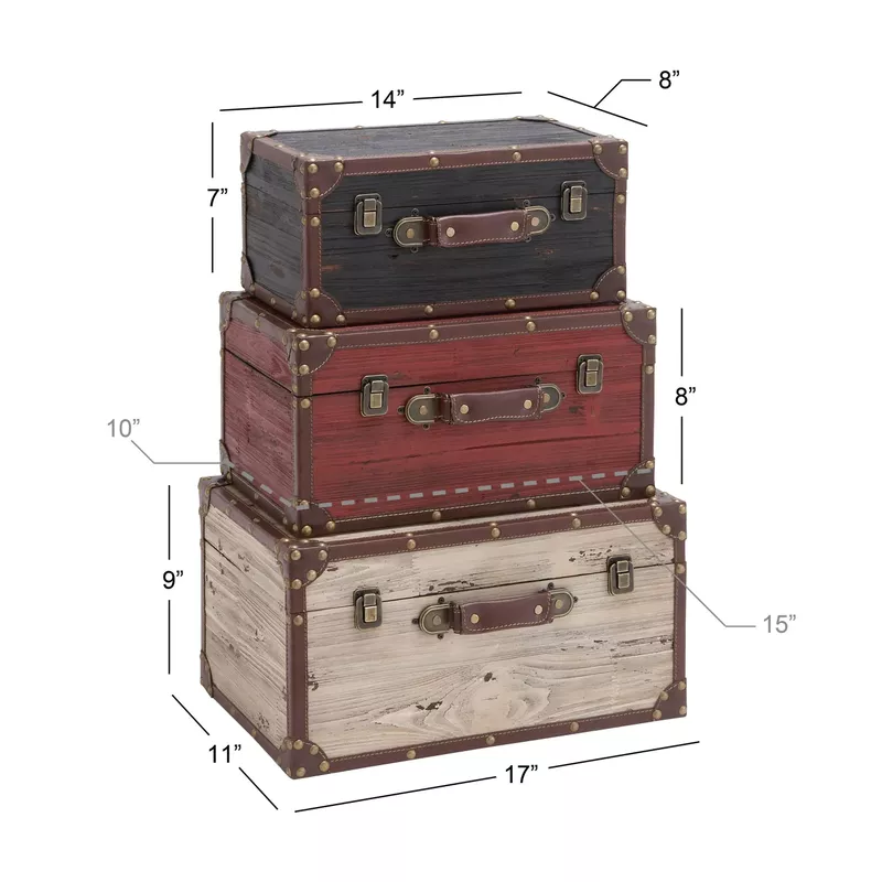 Set of 3 Farmhouse Wooden Trunk Style Boxes by Studio 350 - Red - Red