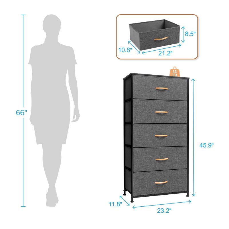 VredHom Vertical 5 Drawers Storage Tower - Light Grey - 5-drawer