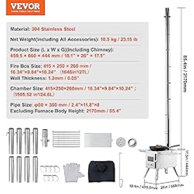 VEVOR Camping Wood Stove Stainless Steel Camping Tent Stove, Portable Wood Burning Stove with Chimney Pipes & Gloves, 3000inFirebox Hot...