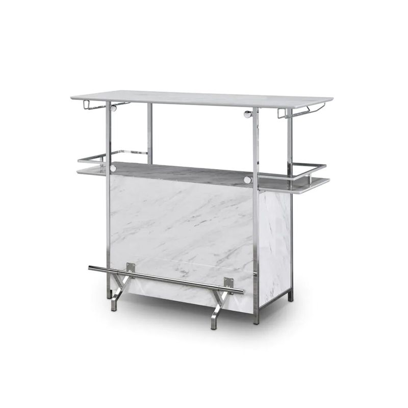Faux Marble Bar Table With Glass Holder, White and Chrome - White and Chrome
