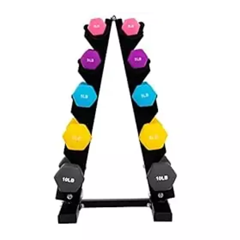 Signature Fitness Set of 2 Neoprene Dumbbell Hand Weights, Anti-Slip, Anti-roll, Hex Shape Colorful (Set with Rack: 56-Pound, 5 Pairs)
