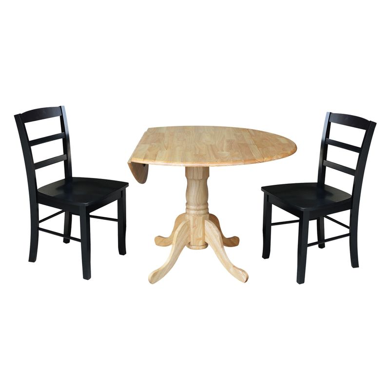 42 in Dual Drop Leaf Dining Table with 2 Dining Chairs - 3 Piece Dining Set - Oak table/black chairs