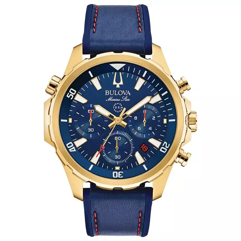 Bulova - Mens Marine Star Gold & Blue Leather Strap Watch Blue Dial