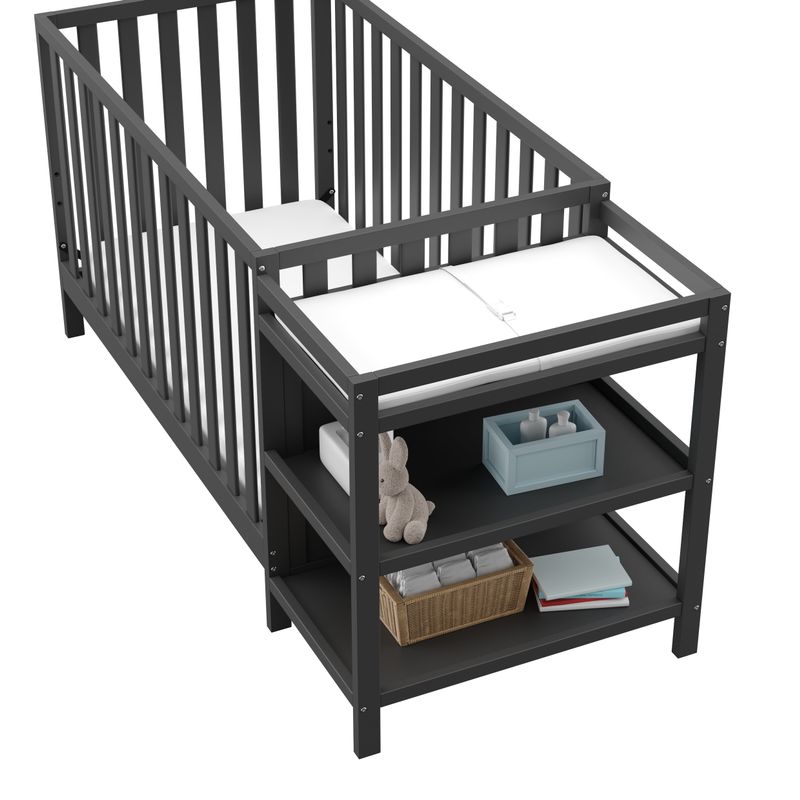 Storkcraft Pacific 4-in-1 Convertible Crib and Changer - 2 Open Shelves, Water-Resistant Vinyl Changing Pad with Safety Strap - Grey
