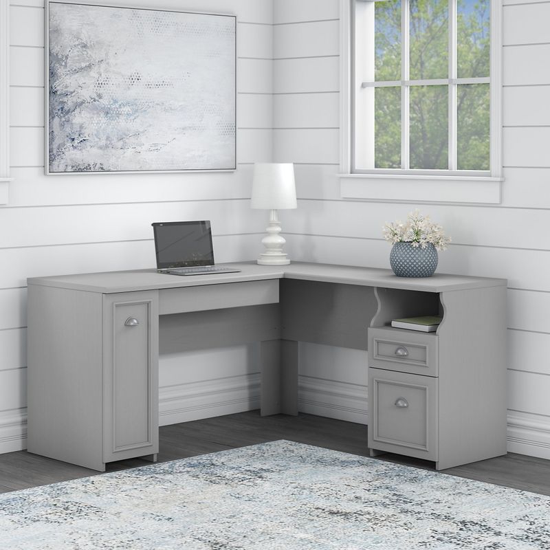 Fairview 60W L Shaped Desk with Drawers and Cabinet by Bush Furniture - Shiplap Gray/Pure White