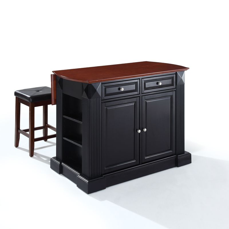 Coventry Drop Leaf Breakfast Bar Top Kitchen Island in Black Finish with 24" Black Upholstered Square Seat Stools - Black