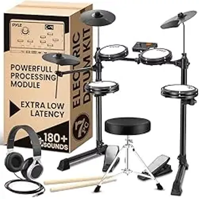 Pyle 7pc Electronic Drum Set with 180 Sound Styles, Complete Electric Drums with 4 Pads, 3 Cymbals, 2 Foot Pedal, Throne, Headphones, and Sticks, AUX, Headphone Out, USB MIDI Support