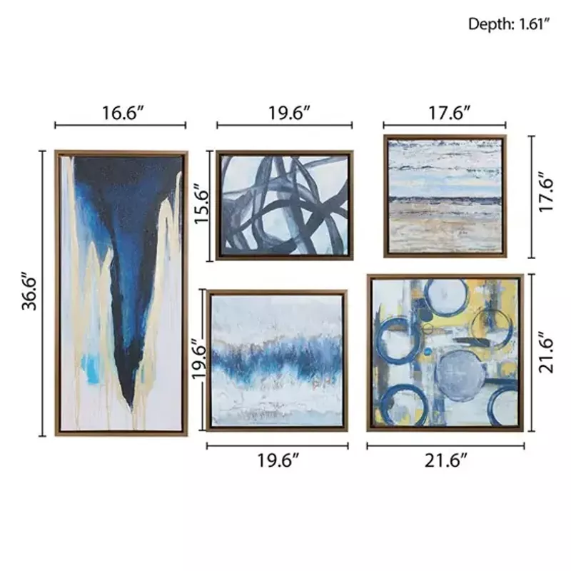 Blue Bliss Abstract 5-piece Gallery Framed Canvas Wall Art Set