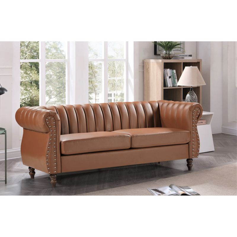 Capri Faux Leather Chesterfield Rolled Arm Sofa - Brown