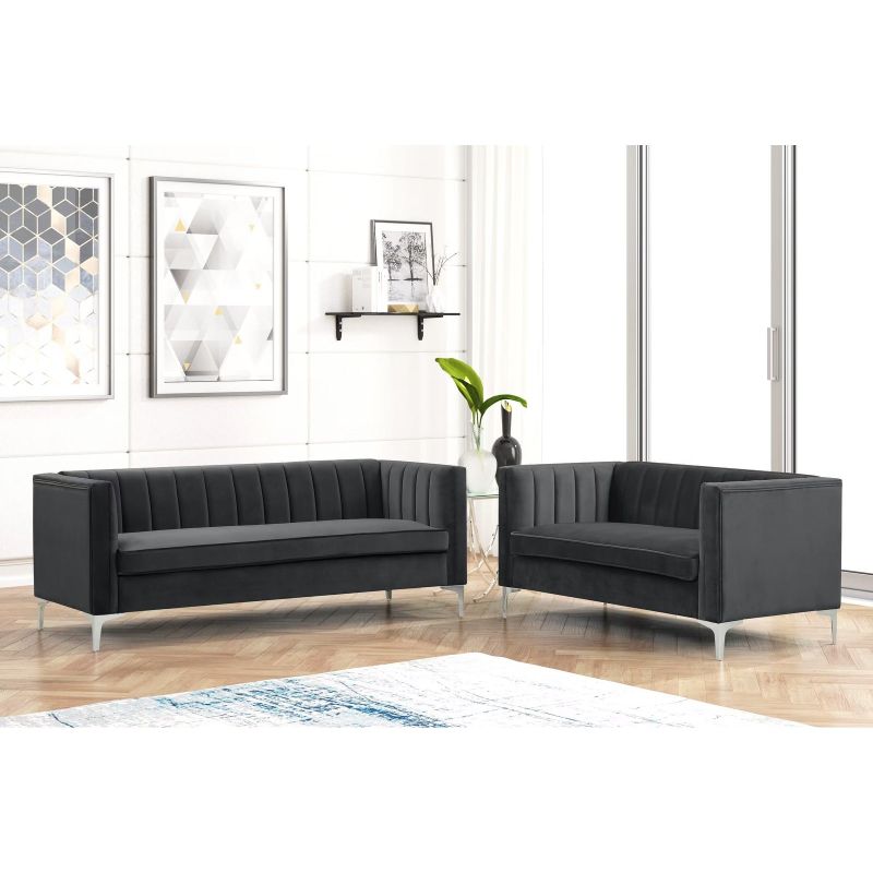 Morden Fort Modern 2 Pieces of Loveseat and Sofa Couch Set with Dutch Velvet Grey, Iron Legs - Black