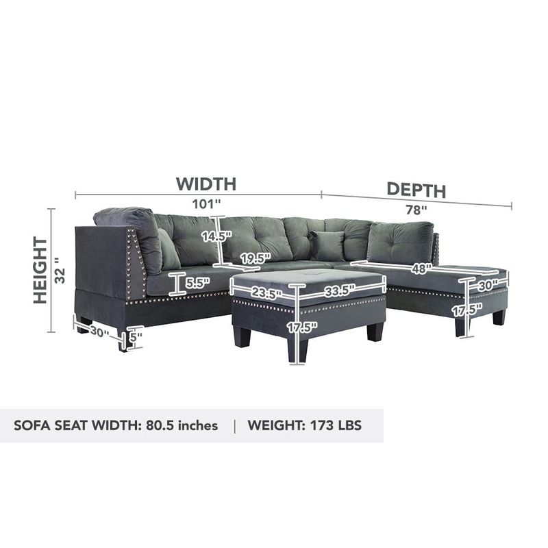 L-Shape Sectional Sofa w/Ottoman and nailhead trim accent - Dark Grey