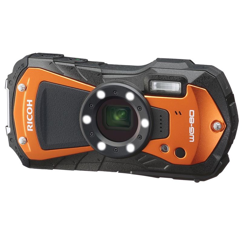 Ricoh WG-80 Waterproof Digital Camera, Orange Bundle with 64GB SD Memory Card, Extra Battery, Mini Tripod, Camera Case, SD Card Case,...