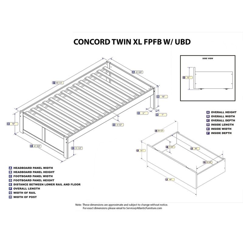 Concord Twin XL Platform Bed with Flat Panel Foot Board and 2 Urban Bed Drawers in White - White - Twin XL