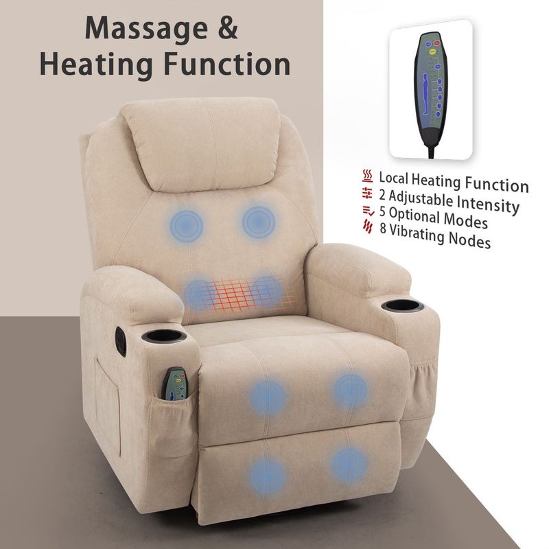 Homall Massage Recliner Chair Swivel Heating Fabric Living Room Sofa - Grey