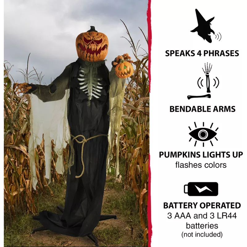 Life-Size Poseable Pumpkin Man with Lights and Sound, Indoor or Covered Outdoor Halloween Decoration