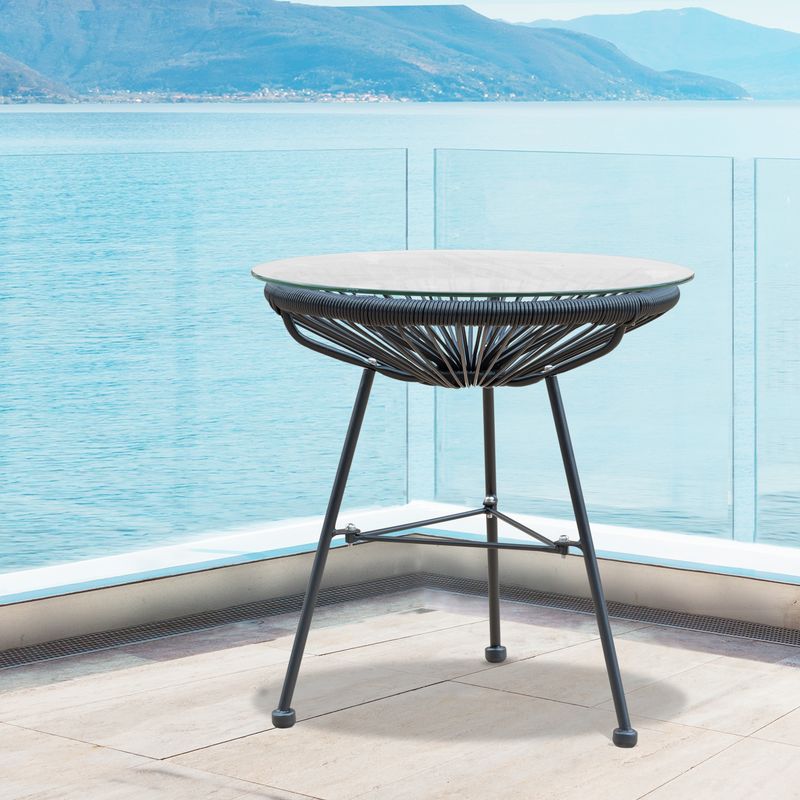 Sarcelles Modern Woven Wicker Patio Side Table with Glass Top by Corvus - Grey
