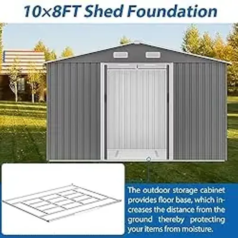 ACQCA 10X8 FT Outdoor Storage Shed with Sliding Doors and Padlock,All Weather Use Sheds w/Metal Foundation,Lockable Door & Ventilation Vents,for Garden,Tool,Patio,Backyard,Lawn,Grey
