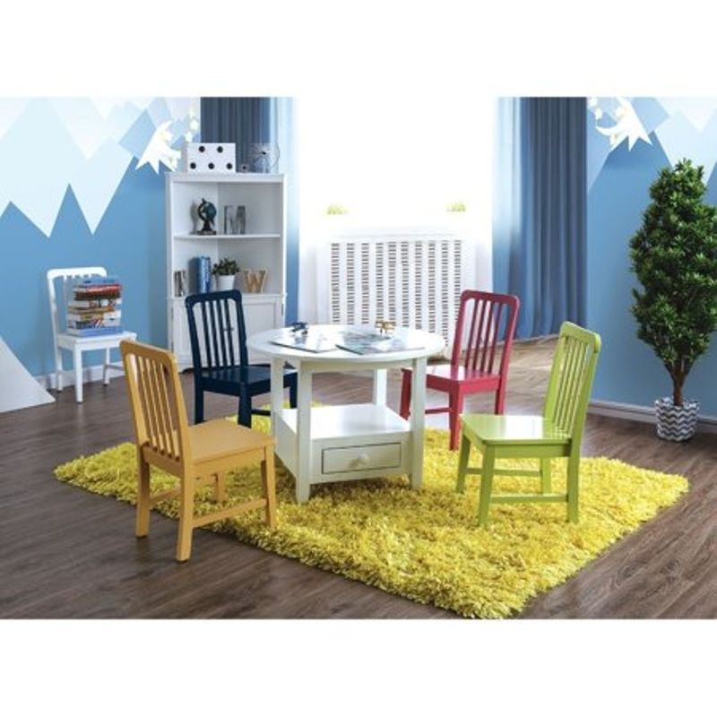 Benzara Round Shape Wooden Kids Table Set with 4 Chairs, Pack Of 5, Multicolor