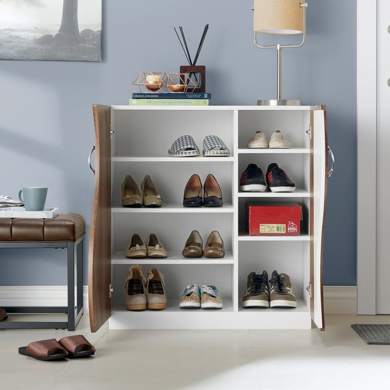 Furniture of America Daki Modern Wavy 8-shelf Shoe Cabinet - White/Distressed Walnut