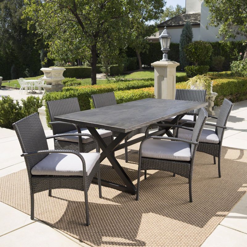 Ashworth Outdoor 7-piece Rectangular Wicker Aluminum Dining Set with Cushions by Christopher Knight Home - Grey