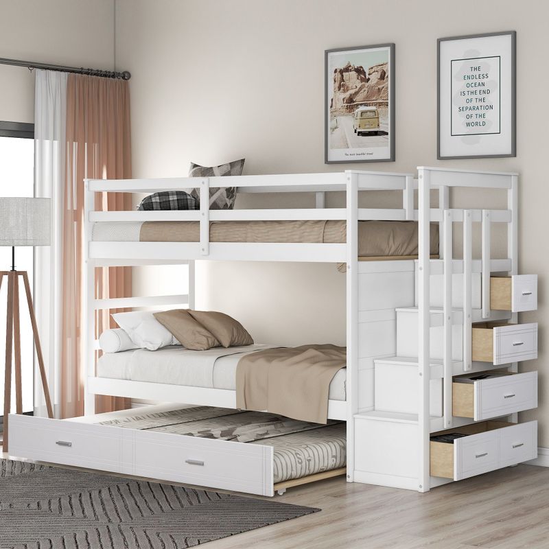 Merax Wood Twin Over Twin Bunk Bed with Trundle and Staircase - White