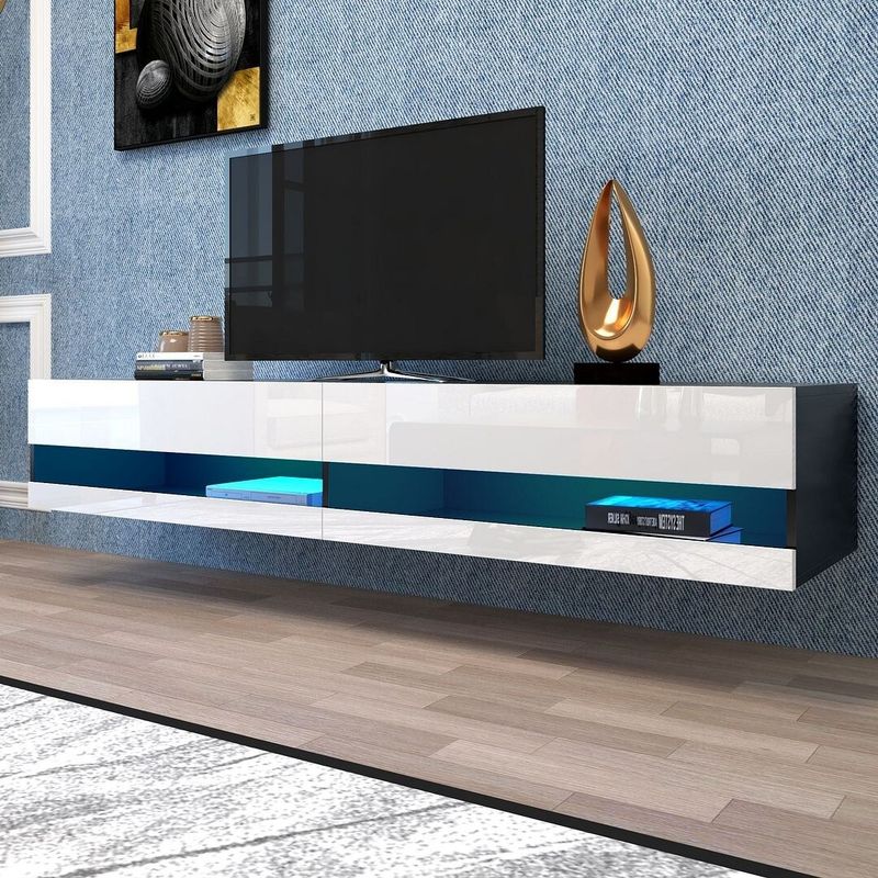 180 Wall Mounted Floating 80" TV Stand with 20 Color LEDs - White/Black