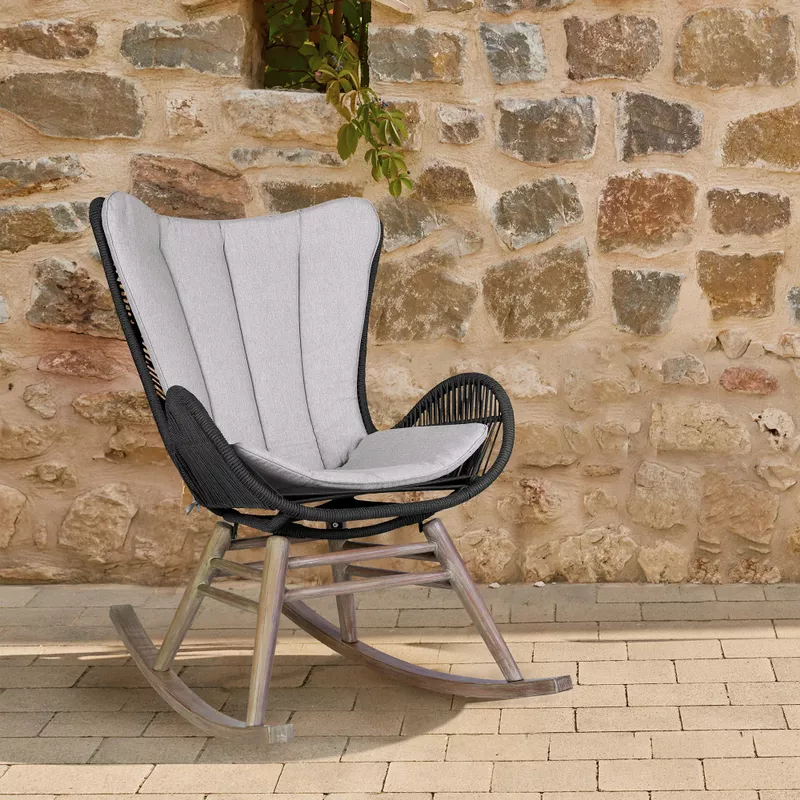 Fanny Outdoor Patio Rocking Chair in Light Eucalyptus Wood and Charcoal Rope