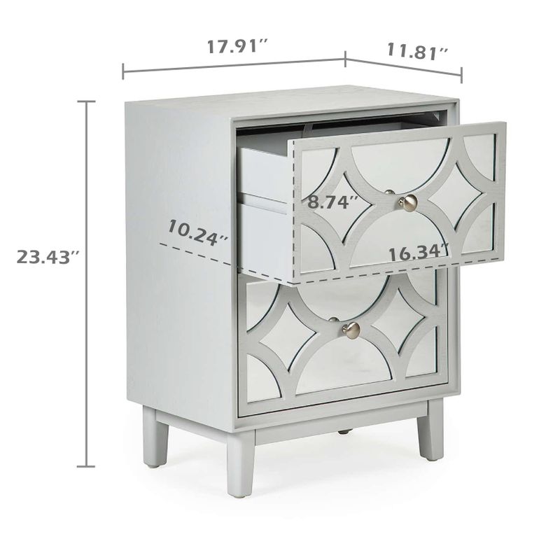 COZAYH Contemporary Mirror Front 2-Drawer Nightstand, Light Grey - Grey - 2-drawer