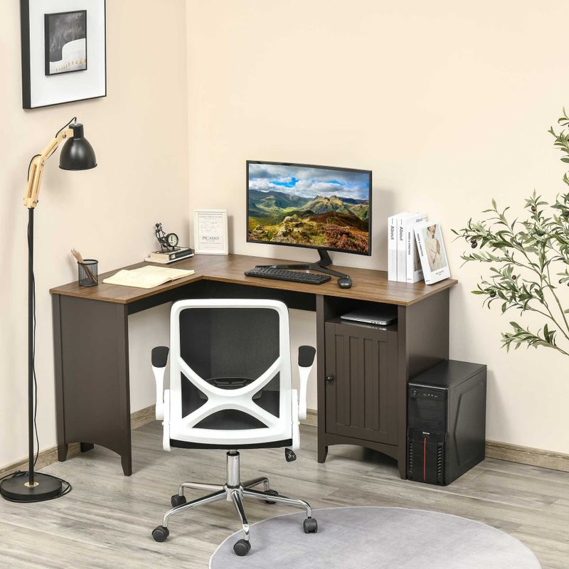 HOMCOM L-Shaped Computer Desk with Open Shelf and Storage Cabinet, Corner Writing Desk with Adjustable Shelf - Coffee, Walnut
