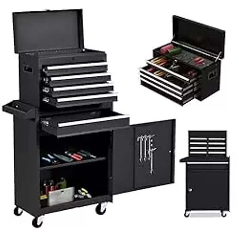 SumKea Wheels, Box, 5 Drawer Rolling Tool Chest and 2 Lockers, Detachable Storage Cabinet, for Garage Warehouse Workshop, Black