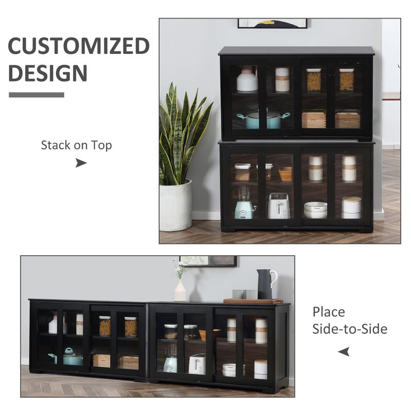 HOMCOM Modern Kitchen Sideboard, Stackable Storage Cabinet, Sliding Glass Door Console, Cupboard Serving Buffet for Kitchen - Black