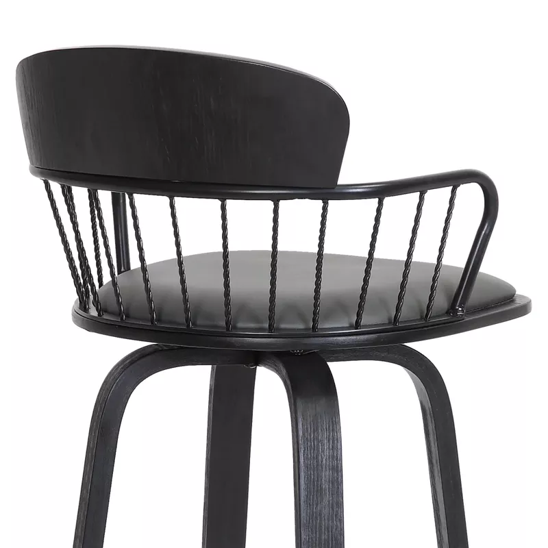 Willow 25.5" Swivel Black Wood Counter Stool in Grey Faux Leather with Black Metal