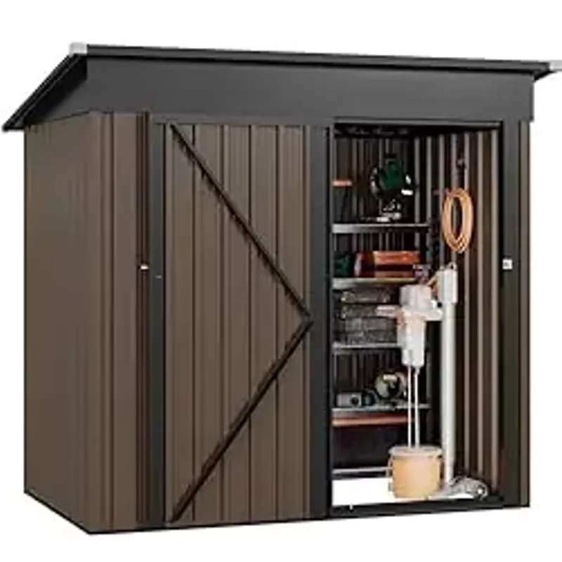 DWVO Metal Outdoor Storage Shed 5x3ft, Lockable Tool Sheds Storage with Air Vent for Garden, Patio, Lawn to Store Garbage Can, Lawnmower, Brown
