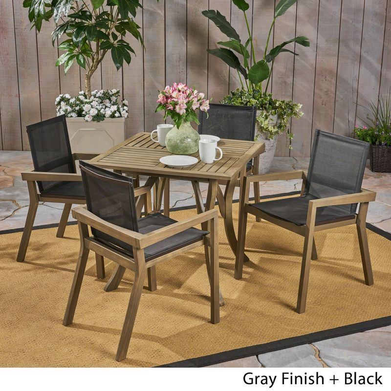 Chaucer Outdoor 4-Seater Square Acacia Wood Mesh Seats Dining Set by Christopher Knight Home - gray + black