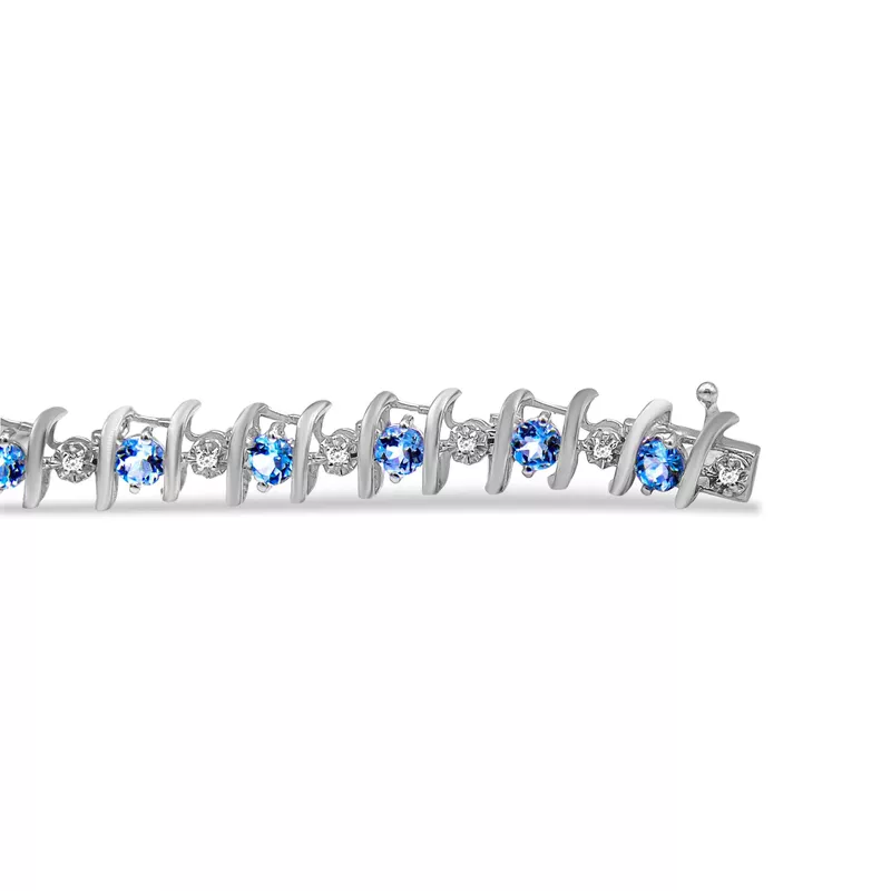 .925 Sterling Silver, Lab-Grown Gemstone and 1/6 Cttw Round Diamond Tennis Bracelet (H-I Color, I1-I2 Clarity) - Created Aquamarine, March Birthstone