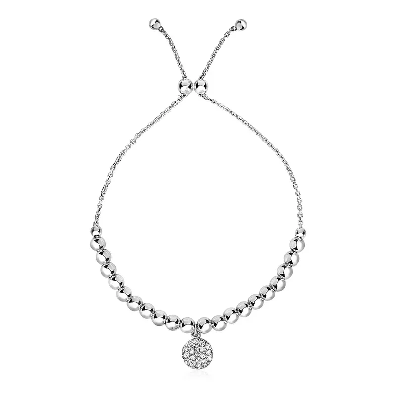 Adjustable Bead Bracelet with Round Charm and Cubic Zirconias in Sterling Silver (9.25 Inch)
