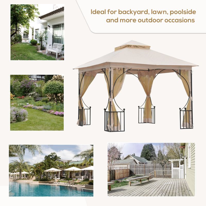 Outsunny 10' x 10' Patio Gazebo Canopy Outdoor Pavilion with Mesh Netting SideWalls, 2-Tier Polyester Roof, & Steel Frame - Beige
