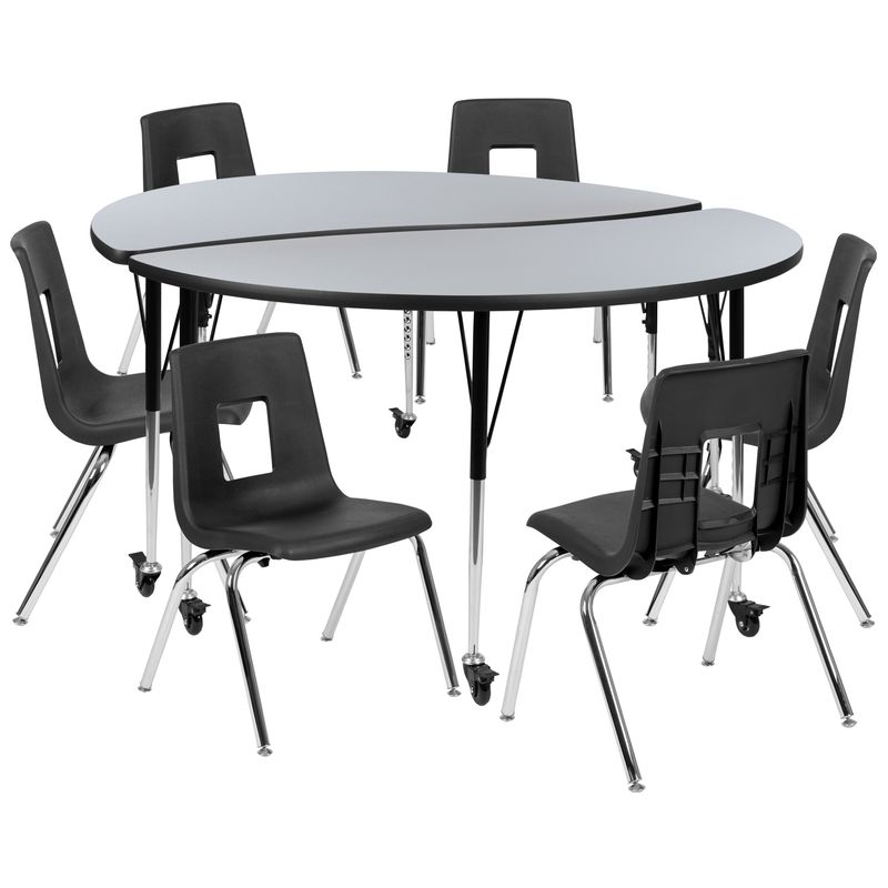 Mobile 60" Circle Wave Collaborative Laminate Activity Table Set with 18" Student Stack Chairs, Grey/Black - Grey