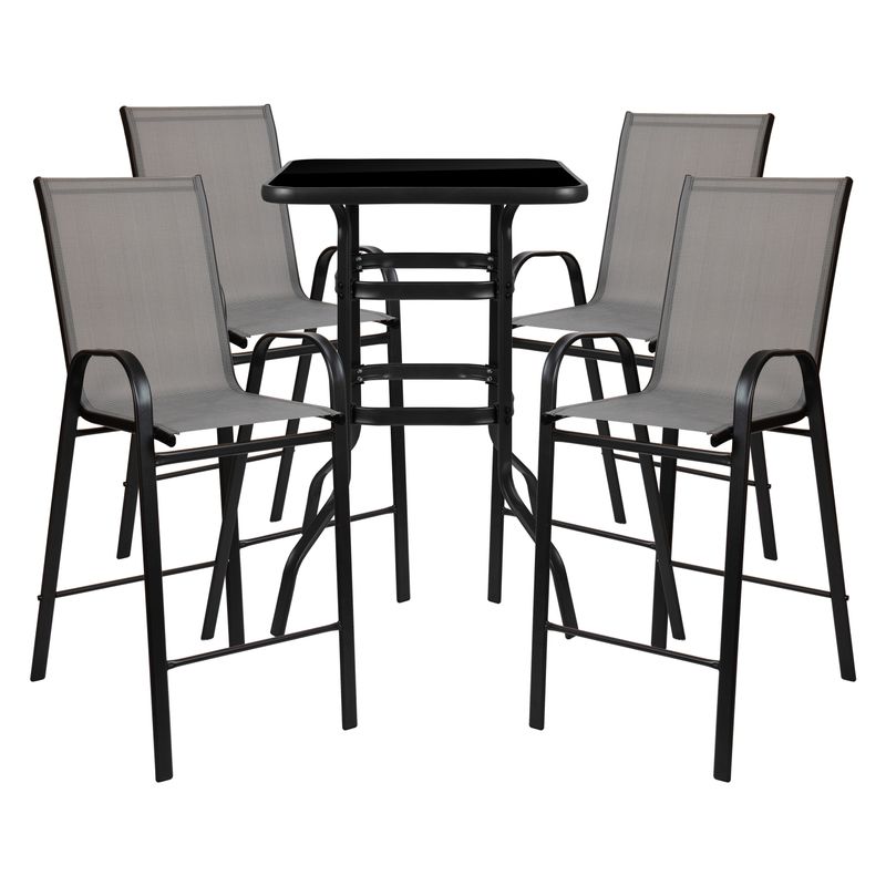 5 Piece Outdoor Glass Bar Patio Table Set with 4 Barstools - Grey