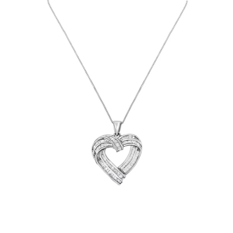 Sterling Silver 7/8ct TDW Baguette Diamond Heart Pendant Necklace (I-J, I2-I3)