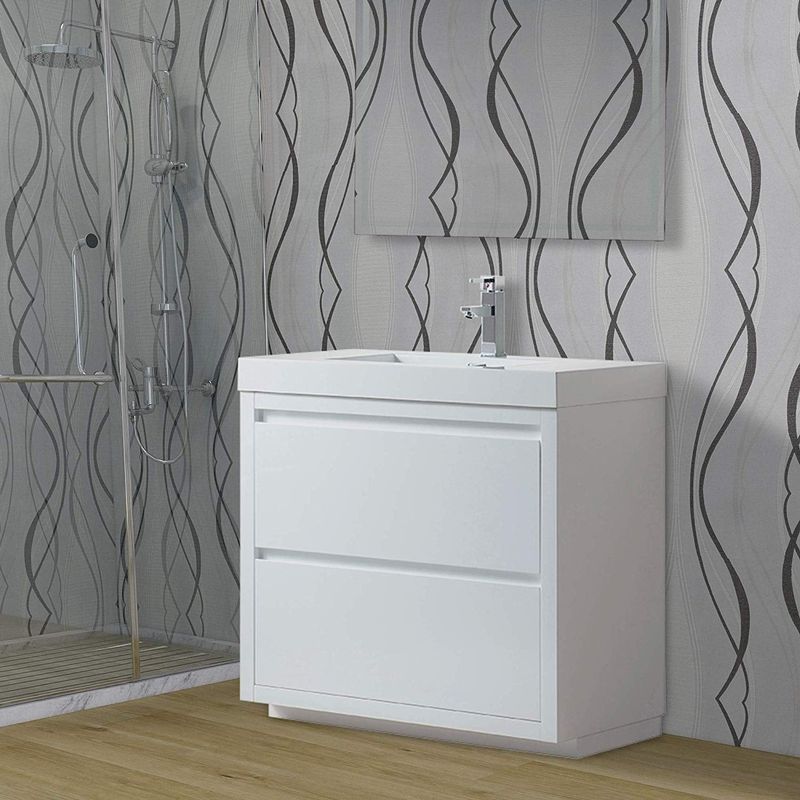 Vanity Art 36-Inch Single Sink Floor-Standing Wall Mounted Bathroom Vanity Set White Stone Top Glossy Finish