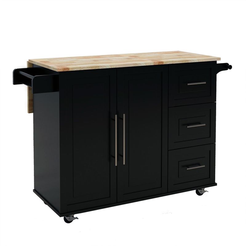 Nestfair Lomas Kitchen Island with Spice Rack Towel Rack and Extensible Solid Wood Table Top - Black