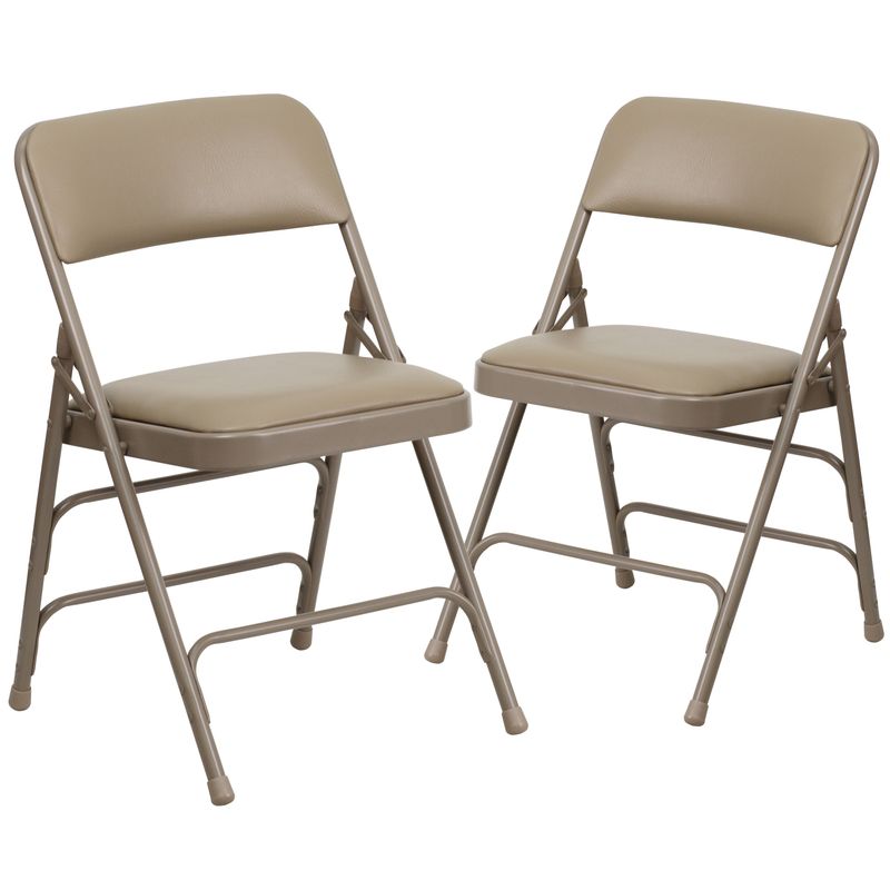 Set of 2 Metal Folding Chairs with Padded Seats - Beige Vinyl/Beige Frame