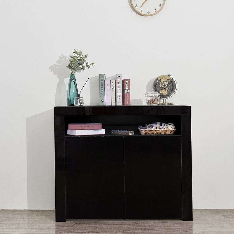 Living Room Sideboard Storage Cabinet Black High Gloss with LED Light, Wooden Storage Display Cabinet TV Stand with 2 Doors - Black