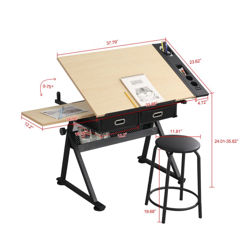 Nestfair Adjustable Wood Drafting Desk with 2 Drawers - Brown