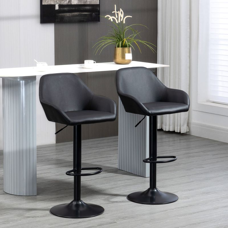 HOMCOM Adjustable Bar Stools Set of 2, Swivel Barstools with Footrest and Back, PU Leather and Steel Round Base - Grey