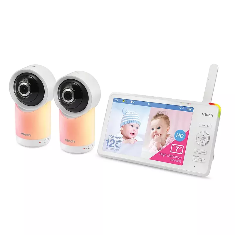 VTech - 2 Camera 1080p Smart WiFi Remote Access 360 Degree Pan & Tilt Video Baby Monitor with 7” Display, Night Light - white