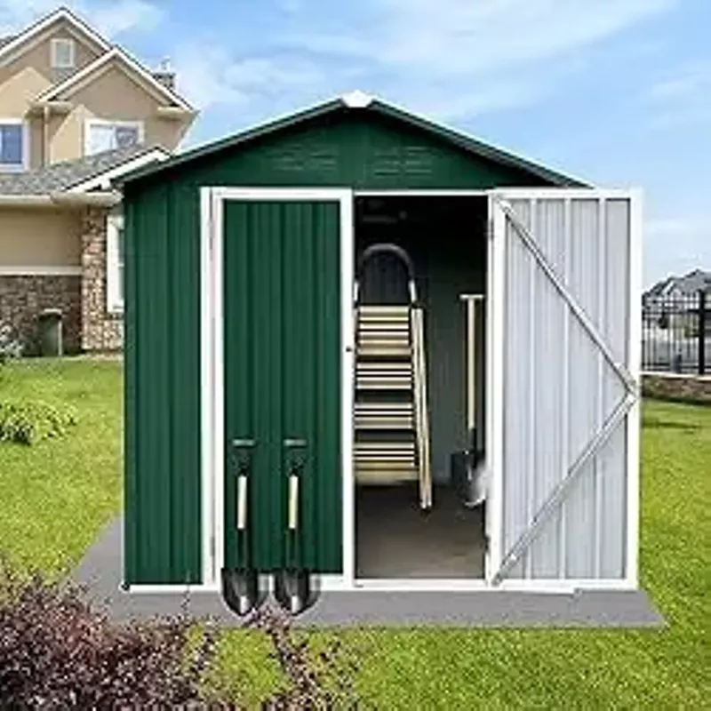 HBRR 4x6 FT Outdoor Metal Storage Sheds with Apex Roof, Single-Storey Waterproof Roofed Structure Garden Shed with Lockable Doors, for Backyard Patio Lawn, White+Green